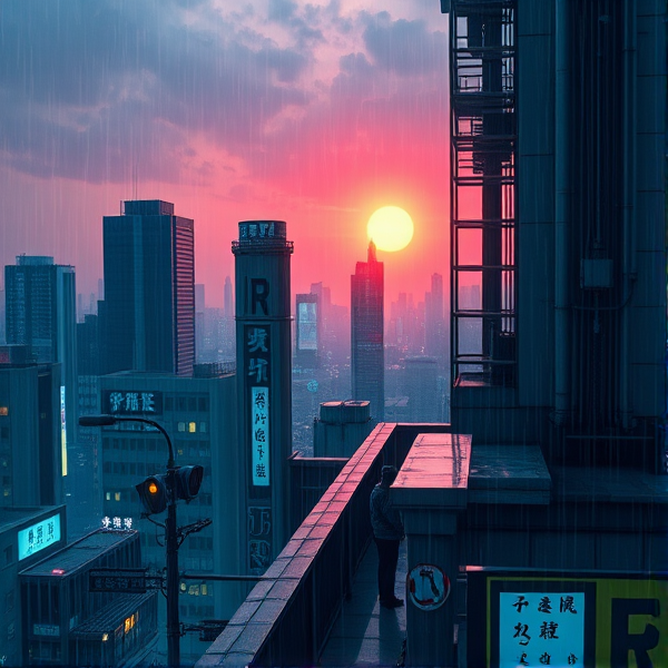 Rain in the city with the sun shining a little bit