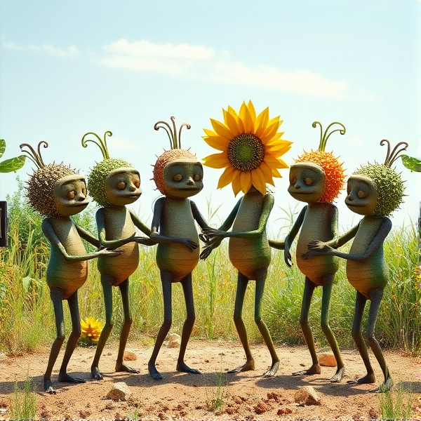Seven anthropomorphic plants standing in a circle, each with a unique appearance, passing a joint to each other in a friendly and relaxed manner, under the clear sky