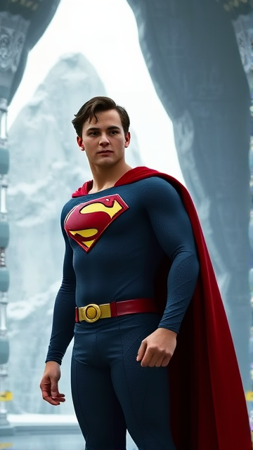 1990's Movie Scene: Jon Kent, AKA Superboy, the young little 12-year old super son of Superman, and the first kid to be born as the world's first Half-Kryptonian child, with an extremely muscular body, the iconic costume, the singular curled bang sticking out at the front of his flat and smooth hair, and a long cape, standing in his secret icy crystal lair in the Arctic, the Fortress Of Solitude, ready for action as he prepares to take flight for the first time so he can honor his deceased father's legacy and fulfill his destiny.