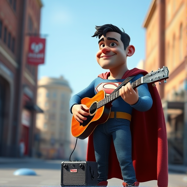 show me an old beat up 3d version of superman. Busking with guitar and stompbox