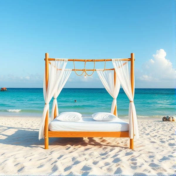 Make a 1080 pixel high by 1920 pixel wide image of a bed on the beach of miami