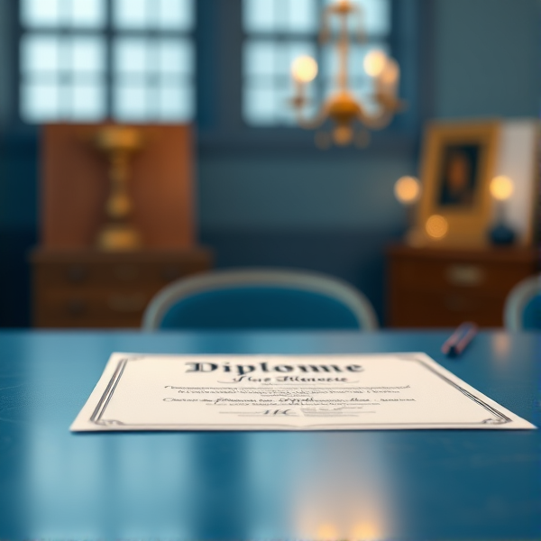 Diplôme écrit en français posé sur une table  bleue