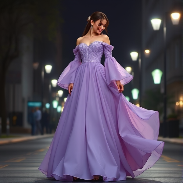 a floor length gown that was a light shade of lilac. The gown itself is flowy and made of light fabric, with a sweetheart neckline and a fitted bodice that hugged the waist with embroidered details on it and long flowy sleeves that are off the shoulders. The skirt had multiple light fabric layered and slightly flared out slightly at the hips, creating a gentle A-line shape.