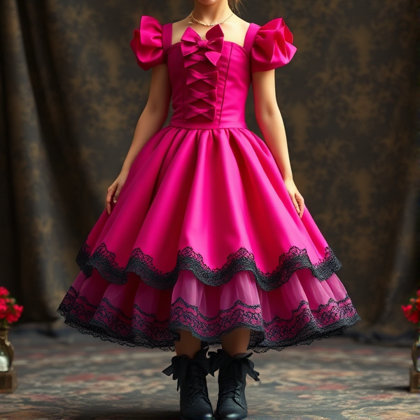 La robe était à présent d’un fuchsia riche,Une élégante rangée de nœuds ornait son corset cintré et décolleté, mis en valeur par une tournure à froufrous assortie. Dessous, des jupons festonnés– cinq volants délicats de tissus différents, superposition de dentelle noire, de soie et de tulle rose. Même ses bottes avaient changé ; le marron terne avait cédé la place à un assemblage raffiné de cuir et de dentelle noirs.