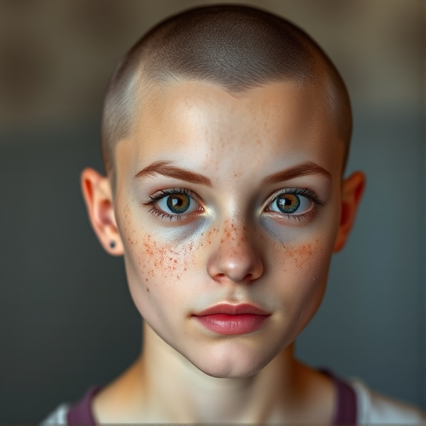 16 year old girl, shaved head, middle part,  hazel brown doe eyes, freckles everywhere , natural eye brows, thinner pale lips longer eye lashes, pale skin color, round face