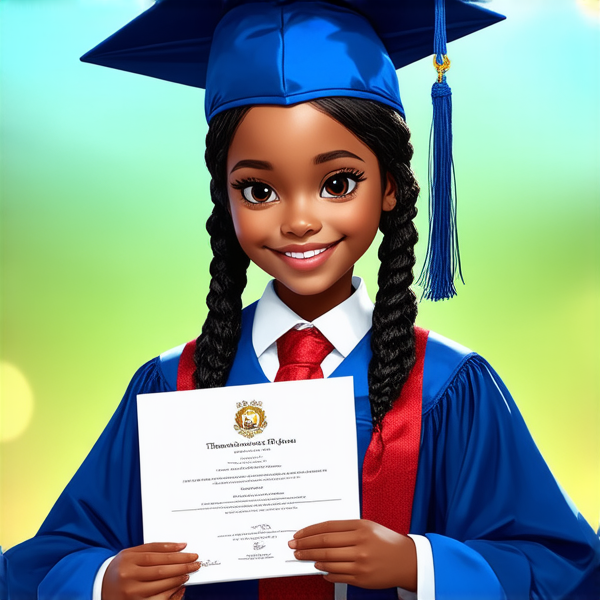 jeune fille noire de huit ans avec des tresses africaines traditionnelles, habillée élégamment pour une cérémonie de remise de diplôme, tenant son certificat, souriante et fière