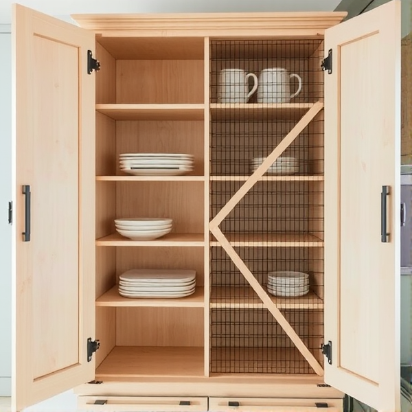 A kitchen cabinet that opens like an accordion and has a wooden X and black wire so you can see through