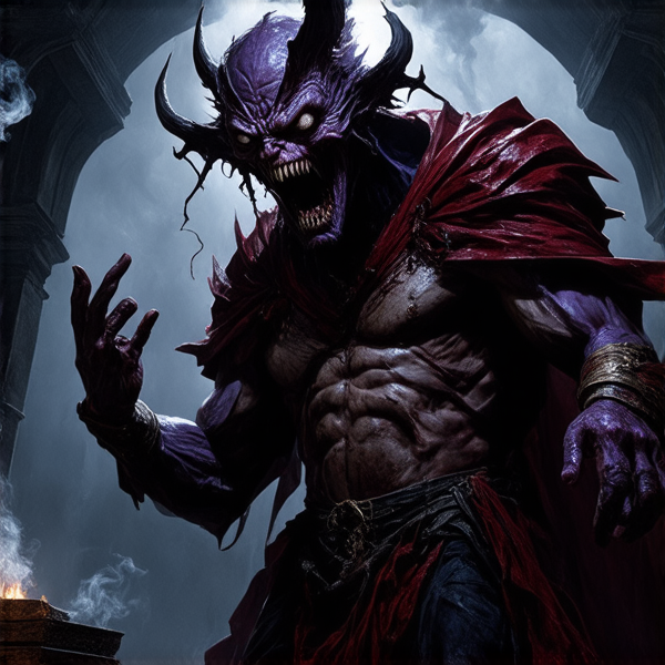 A vivid scene of a man engaged in a deep conversation with a towering, menacing demon amidst the eerie backdrop of a dimly lit, ancient chamber. The human is gesturing emphatically while the demon looms over him with an inscrutable expression, tendrils of smoke subtly emanating from its shadowy form.