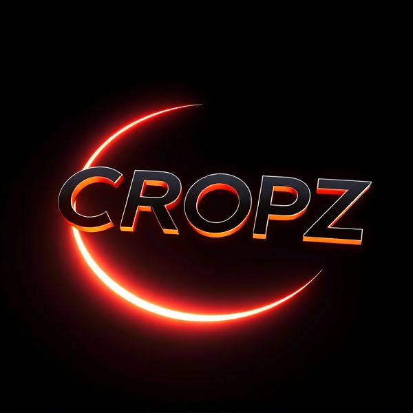 Highly detailed, high-contrast 3D logo of "CROPZ" designed in a sleek, stylish sans-serif and bold font, dynamically leaping from a pitch-black backdrop with intense and strategic illumination by the Capcut app logo. The logo features futuristic curves that are both sharp and fluid, exhibiting smooth metallic surfaces that reflect light, creating a sense of excitement and dynamism. Rendered to exhibit a rich and vivid Pixar-animation style characterized by crisp lines, pronounced geometric shapes, with an emphasis on vibrant color palettes and glossy finishes. Utilization of advanced rendering techniques inspired by Unreal Engine's realism, Octane Engine's lightning-fast ray tracing abilities, and V-Ray's global illumination for heightened visual impact. The overall aesthetic is amplified to be exaggeratedly surreal with a sci-fi inspiration that is strikingly eye-catching without any trace of subtlety or minimalism