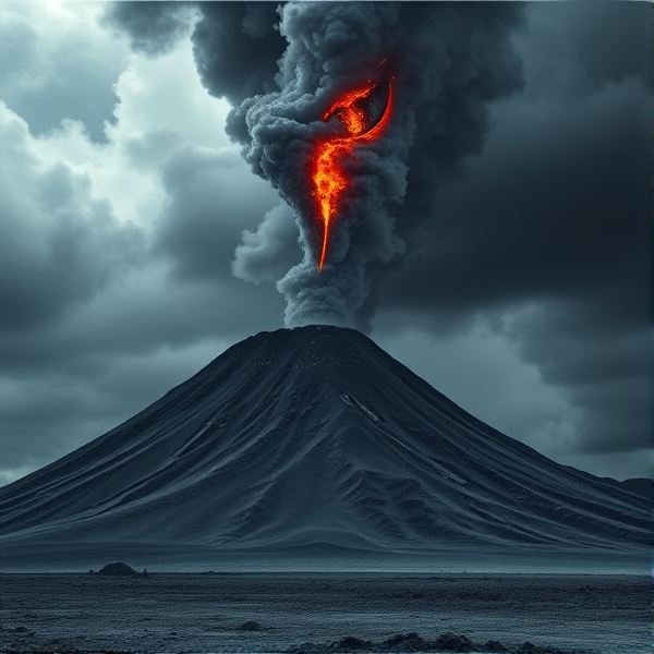Make a photo of a tall black tower on the slopes of a volcano. In the ashy desolate land, not a plant can be seen. In the black clouds above, a reptilian eye can be seen, burning with fire.