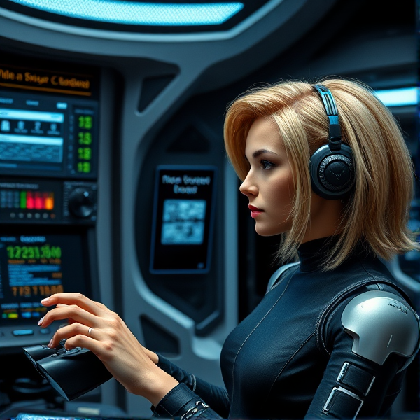 Star Trek fembot Andrea computer android blonde hair being programmed assembly