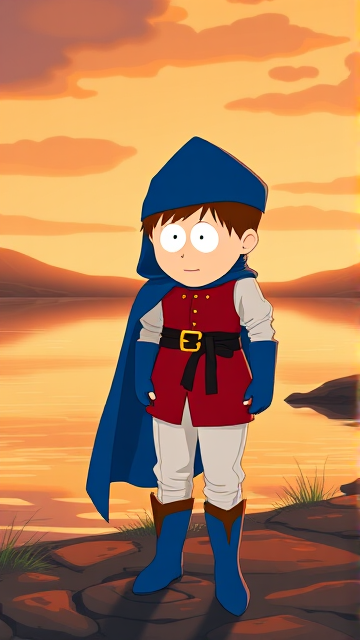 Clyde Donovan from South Park, light skin and brown hair, but as a 14-Year Old, dressed as a medieval prince with a red shirt with white sleeves, a black belt with a gold buckle, white pants, blue boots, blue long-cuffed gloves, and wreathed in a really big, heel-length long, ultra-wide blue hooded cape, now known as Prince Donovan. Despite still being a kid, he is the Youngest Ruler of South Park, Colorado, but now reborn as the real life Kingdom of Kupa Keep, Zaron, and Prince Donovan is its youngest and greatest hero. The young teenage prince of Kupa Keep is currently standing by the shoreline of a lake, looking out to the horizon and wondering what his next adventure will be.