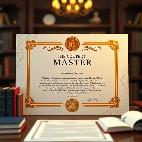 Prompt: Diplôme de Master élégant avec des bordures dorées sophistiquées, un sceau officiel en relief, une typographie classique et claire sur un fond en parchemin texturé, le tout présenté dans un cadre académique avec des livres et des symboles éducatifs