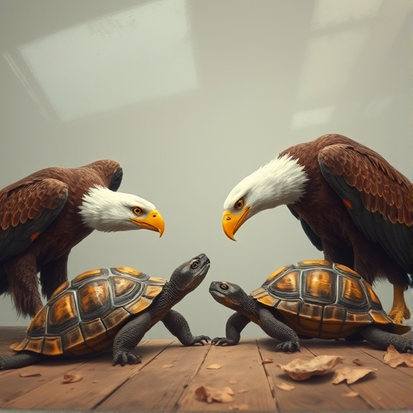 1 eagle is teasing 1 tortoise