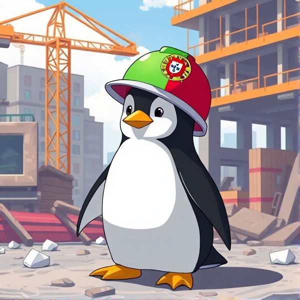 Pingouin dans un chantier avec le drapeau Portugais sur le casques