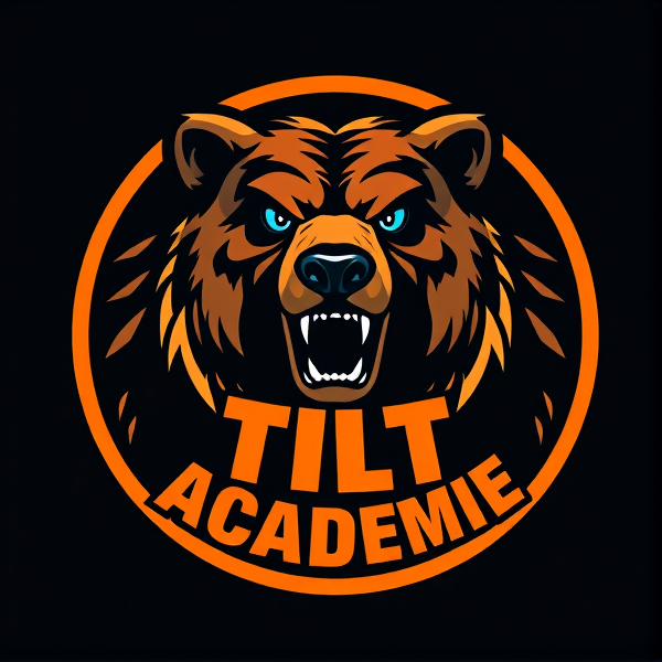 Conception avancée et hautement détaillée d'un logo circulaire dynamique pour une équipe de football, avec un grizzly féroce au centre, les muscles saillants soulignant sa force, et ses yeux bleu pâle perçants étincelant de férocité. Le pelage de l'animal doit afficher des textures réalistes et être ombré pour donner une impression tridimensionnelle. L'utilisation de nuances vibrantes d'orange se mêlant au noir pour créer un contraste visuel captivant est essentielle. Des éléments graphiques tels que des éclairs ou des lignes sinueuses devraient encercler le grizzly pour suggérer le mouvement et l'énergie, évoquant ainsi la vitesse et la puissance inhérentes au sport. Le nom 'Tilt Académie' doit être intégré au cœur du logo en lettres audacieusement tridimensionnelles qui semblent jaillir vers le spectateur, avec un effet stylisé moderne qui respecte la forme circulaire du logo tout en maintenant l'équilibre et la continuité visuelle.