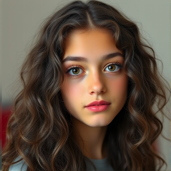 A 17 old girl with long naturally curly dark brown hair, short eyelashes, high-ish cheek bones, brown eyes, medium thick eyebrows, medium thick lips, slight tan skin, slight natural blush light under eyes thinner eyebrows. In realism