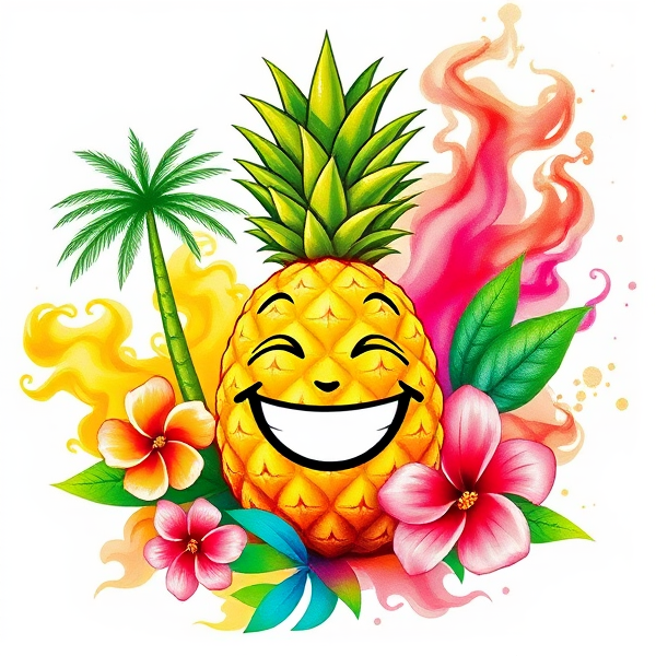 Conception d'un logo dynamique et vivant où un ananas jaune canari rayonnant est au cœur de la composition, encadré par une palette de couleurs tropicales vives et joyeuses, telles que le vert lime éclatant et le rose corail chatoyant. Autour de l'ananas s'organisent des éléments naturels tropicaux tels que des mini palmiers stylisés, des fleurs d'hibiscus délicates et des feuilles de monstera découpées avec soin pour créer une atmosphère exotique invitante. Des volutes de fumée multicolores se dessinent autour pour prendre la forme d'un visage souriant débordant d'énergie, avec des yeux pétillants et une bouche grande ouverte évoquant le rire. La fumée doit émaner avec la douceur et les nuances subtiles propres à la peinture aquarelle, se fondant dans l'espace pour donner vie au logo dans une explosion festive rappelant un carnaval tropical. La typographie du nom de la marque est fluide et créative, elle devrait transmettre une ambiance festive et accueillante. L'esthétique générale du logo devra incarner l'innovation ainsi qu'une exubérance vibrante qui caractérise l'âme de la marque.