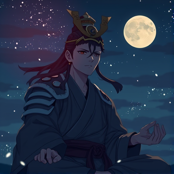Samurai opens one eye while meditating at night