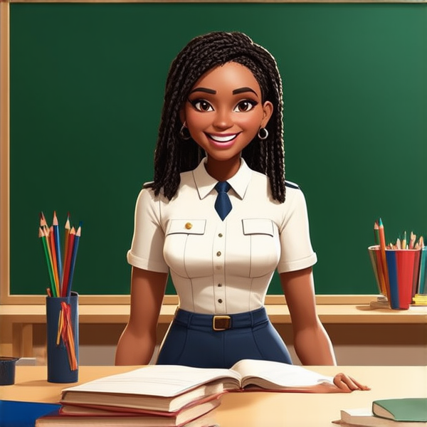 Une institutrice africaine élégante de 50 ans avec des tresses africaines traditionnelles, vêtue d'un uniforme se tient debout devant un tableau noir dans une salle de classe lumineuse et bien rangée, souriante et prête à enseigner. Elle est entourée d'élèves noirs âgés de 10 ans et de fournitures scolaires typiques comme des livres, des cahiers et des crayons, accentuant son rôle d'éducatrice.