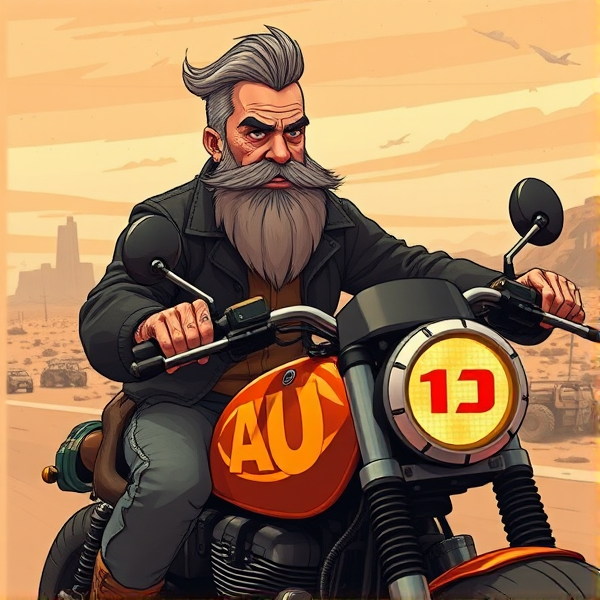 A seasoned gentleman with distinguished slick salt-and-pepper hair and a full, well-groomed beard astride a rugged motorcycle, cruising through a desolate landscape indicative of a post-apocalyptic setting. The letters "AUO" are prominently illuminated on the motorcycle's fuel tank.