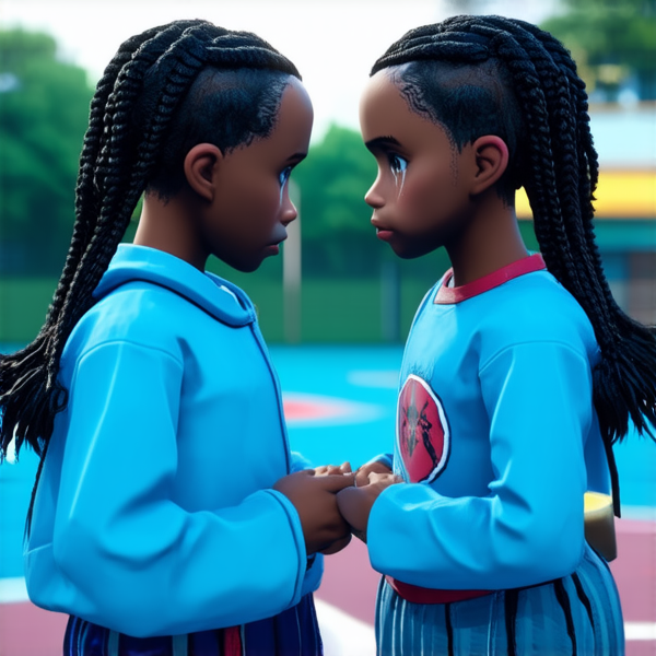 deux jeunes filles de huit ans portant des tresses africaines noires se tenant face à face dans une cour d'école, les yeux humides de larmes et l'air bouleversé alors qu'elles sont en pleine dispute
