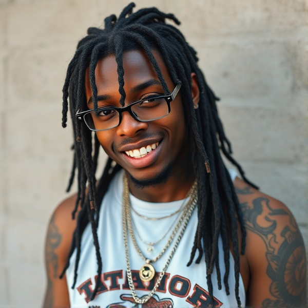 Can you generate me an image of a young black male in his early twenties with long dreads, grillz, tattoos and a 2000's hip-hop street style?
