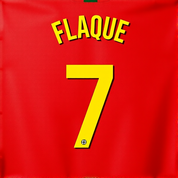Generate an image of a glossy background which is only made out of one vertical red line and another vertical green line with the words FLAQUE on the top in yellow print with the number 7 under in higher yellow print sort of a zoomed in Portugal soccer jersey with the print I asked for