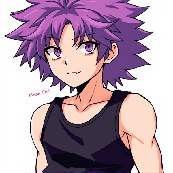 My hero academia oc. Purple fluffy hair.  Sleeveless crop top vest. Mean like bakugo