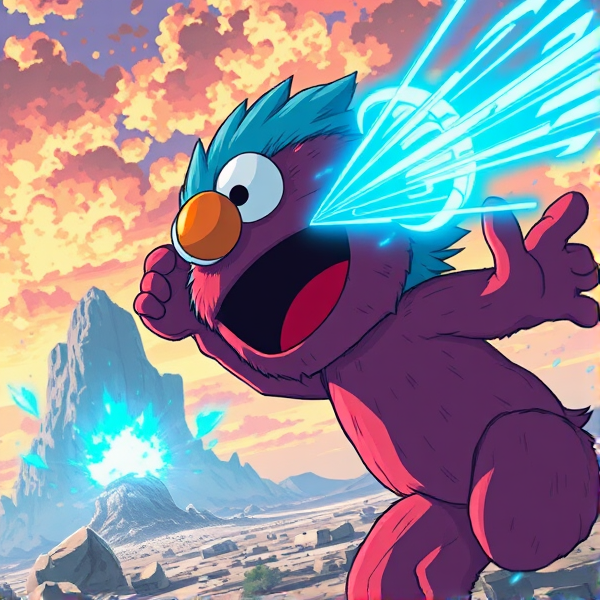Elmo using Kamehameha blue beam to explode rock in the distance