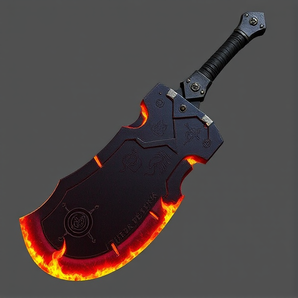 **Appearance:**

- **Design:** The Inferno Cleaver is a large, imposing melee weapon with a broad, heavy blade designed for delivering powerful swings. The blade has a jagged, fiery edge that hints at its burning capabilities.
- **Finish:** Dark, scorched steel with glowing orange or red accents along the edge to reflect its incendiary nature. The metal looks battle-worn and charred, giving it a rugged, fiery appearance.
- **Handle:** The handle is sturdy and ergonomically shaped, wrapped in a heat-resistant, textured material for a secure grip. It may have additional metallic reinforcements and subtle flame motifs.
- **Details:** The cleaver features engraved flame patterns or runes on both the blade and handle, emphasizing its connection to fire and enhancing its overall intimidating look. When equipped or swung, the blade might emit a faint, fiery glow to visually signify its burning effect.