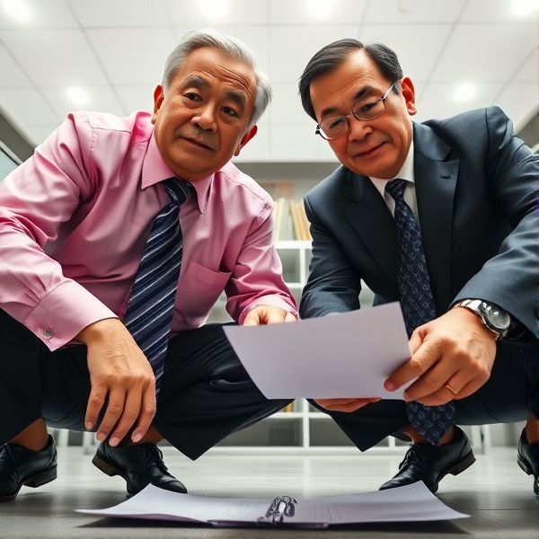 Deux hommes d affaires japonais senior accroupis qui regardent la caméra 
Chemise rose foncée et longue cravate rayée large. Obéir aux businessmen aux doigts et à l’œil est un must 

Vue contre-plongée