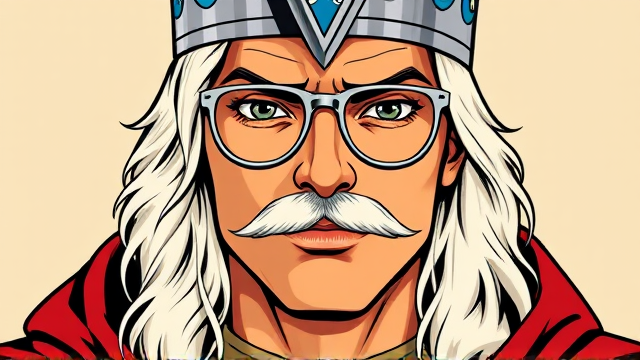 Male tan skin color with white long wavy middle part hair white mustache with chin stub, silver glasses, silver and blue crown, red royal cape, tan ranger uniform slightly visible under cape.