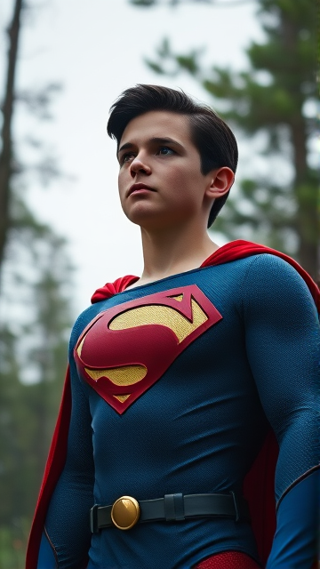 1990's Cinematic Movie Scene: Jon Kent, AKA Superboy, the young little 12-year old super son of Superman, and the first kid to be born as the world's first Half-Kryptonian child. Despite being a kid, he has all of his father's powers, with an extremely muscular body, the iconic costume, the singular curled bang sticking out at the front of his flat and smooth black hair, and a long cape. He is currently standing in the forest, ready for action as he waits intently for his Super Hearing to pick up a distant cry for help.
