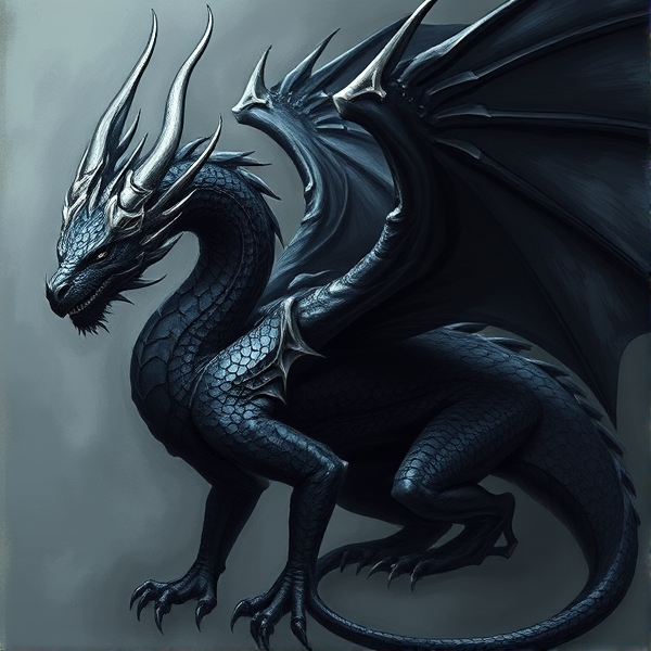 Black dragon with silver scales on its wings and  a long tail.