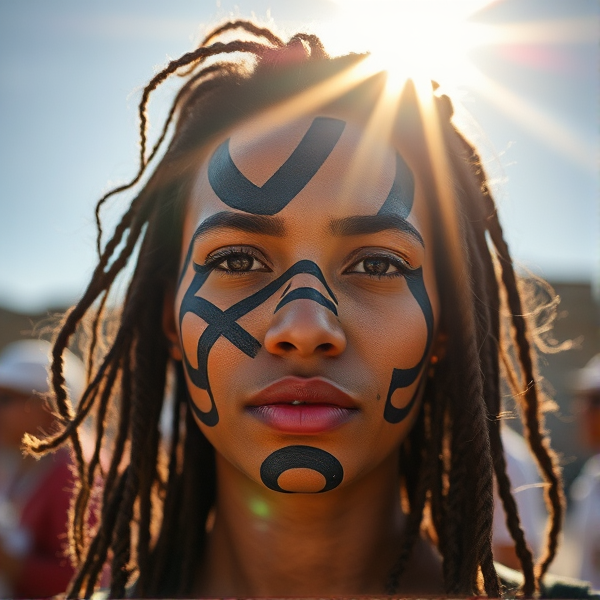 picture of someone in full sunlight with patterns and shapes on face, in midday