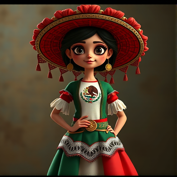 Muñeca con vestido verde blanco y rojo y en el centro el símbolo de la bandera de México animado Pixar