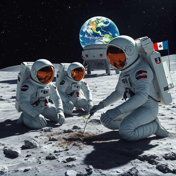 Trois astronautes en tenue spatiale de la NASA extrêmement détaillée, teintées de blanc perle et d'accents en acier chromé, portant des insignes reconnaissables et dotés d'éléments hautement réfléchissants, sont agenouillés sur le sol lunaire recouvert d'une poussière grise offrant une texture visuellement riche. À leurs côtés se trouve un extraterrestre géant bienveillant avec une peau iridescente qui reflète scintillement des étoiles. Un astronaute particulièrement minutieux est absorbé par la tâche de planter des graines de pavot dans un substrat enrichi à l'intérieur d'un biodôme lunaire transparent, qui contient un système hydroponique sophistiqué éclairé par une lumière imitant le spectre solaire pour favoriser la photosynthèse comme sur Terre. Le reflet du paysage lunaire se capture avec clarté dans le casque spacieux de cet astronaute tandis que ses gants dotés de capteurs tactiles manœuvrent habilement divers outils spécialisés. En arrière-plan, un module d'atterrissage au design futuriste arbore fièrement l'emblème du Québec. Au-dessus, la Terre suspendue offre une vue époustouflante aux couleurs vraies et naturelles. Sur le site sont parsemés divers instruments scientifiques à la précision pointue : capteurs environnementaux, moniteurs de croissance végétale intégrant de l'intelligence artificielle et panneaux solaires flexibles. Un fanion aux couleurs du Manchester City Football Club est positionné non loin du module habitable symbolisant le lien entre sciences spatiales et sport. Le relief lunaire est marqué par des cratères bien définis et des monticules réalistes qui tranchent avec les interventions humaines sur ce paysage extra-terrestre. La scène baigne sous une lumière douce et diffuse provenant du ciel nocturne constellé d'étoiles alignées selon des constellations exactes, dans un ciel se dégradant du noir profond à un bleu outremer intense, avec en plus un drapeau acadien visible près du biodôme.vaisseau extraterrestre ,drapeau de la province de Québec ,drapeau des patriotes