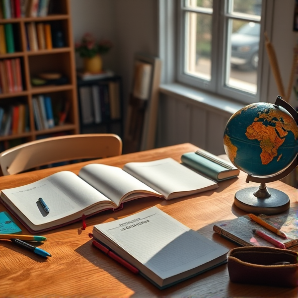 table en bois éclairée par la lumière naturelle de la fenêtre, couverte de fournitures scolaires comme des cahiers ouverts, des stylos, des crayons, une trousse et un globe terrestre  .