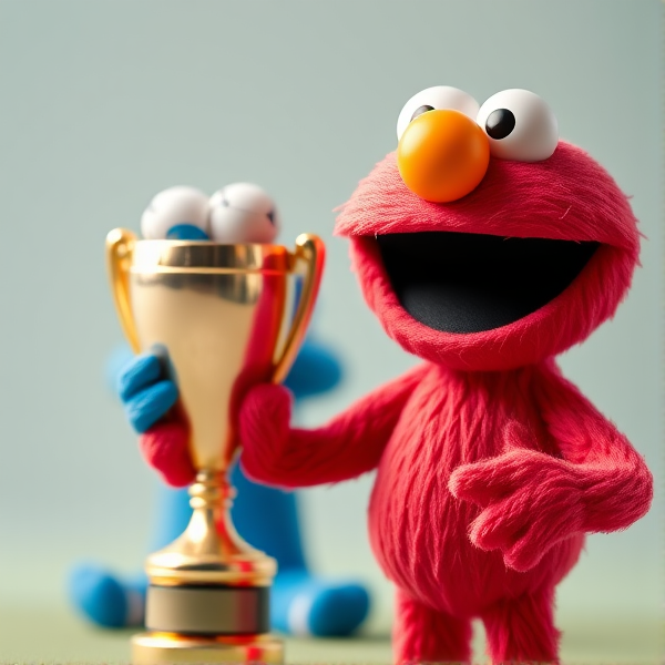 Elmo winning a soccer trophy with cookie monster crying behind him