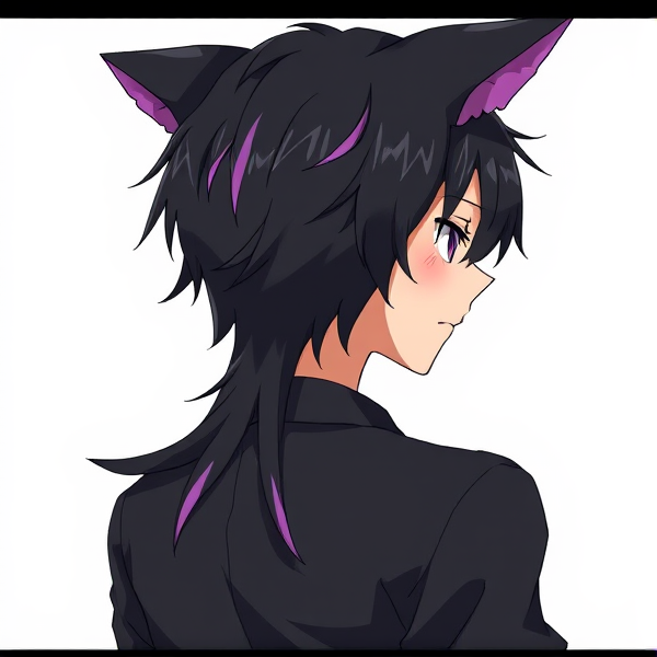 My hero academia oc. Black hair and cat ears with purple streaks and tips on someone's back