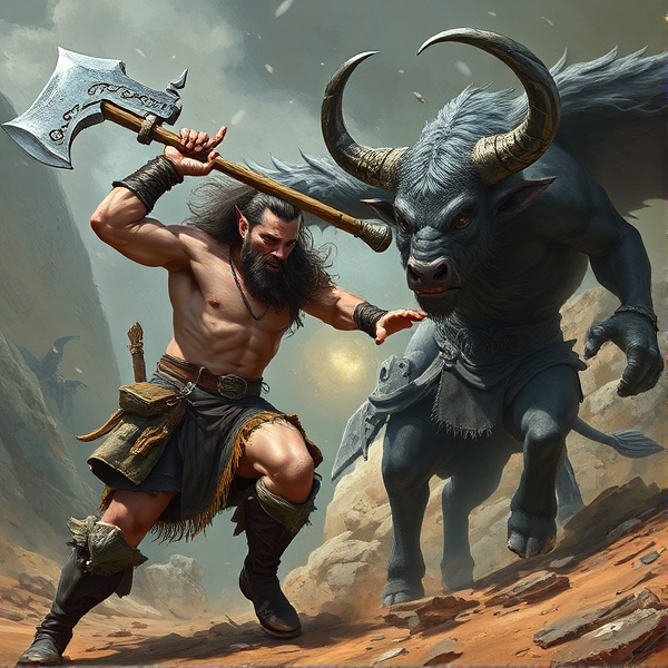 A berserker swinging an ax charging at a Minotaur