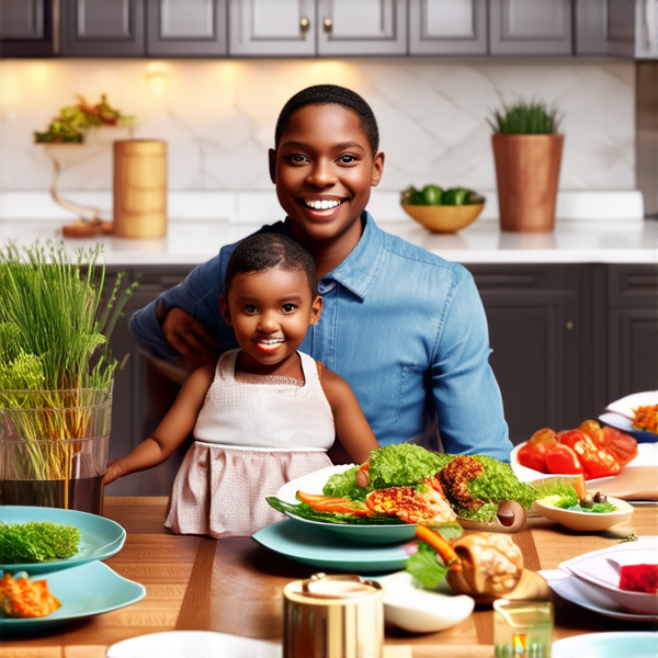 famille afro-américaine joyeuse et souriante, posant pour une photo autour d'une table de salle à manger élégamment dressée avec un assortiment de plats délicieux et hauts en couleur, dans une grande cuisine moderne aux lignes épurées avec des touches de design contemporain et un éclairage doux qui crée une ambiance accueillante