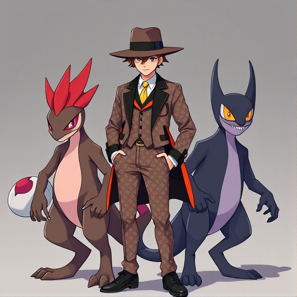 Elegant Pokémon Trainer 'N' dressed in a stylish Louis Vuitton outfit standing confidently with Zoroark and Gengar (Ectoplasma) flanking him, showcasing a harmonious blend of high fashion and the Pokémon universe