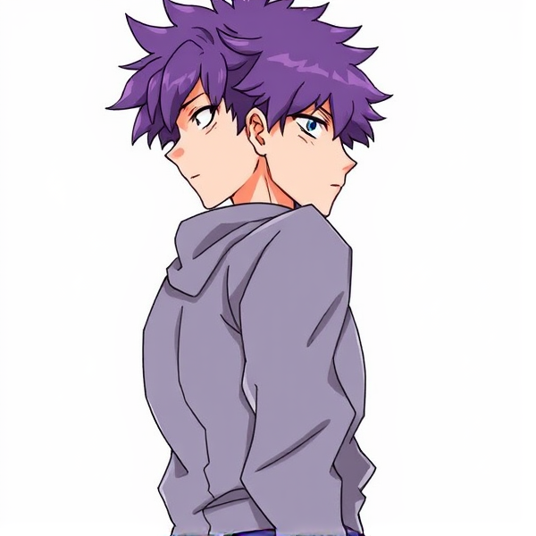 My hero academia oc. Purple fluffy hair. Male. Side view down to waist.