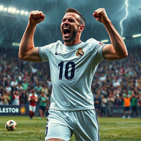 Gagnant triomphant de football, expression intense et furieuse, visage détaillé capturant l'essence de la victoire, veines palpitantes sur son front témoignant de l'effort intense, célébrant un triomphe éclatant avec un cri de victoire puissant. Muscles saillants et détaillés reflétant les heures d'entraînement acharné, portant un maillot trempé de sueur moulant parfaitement la silhouette athlétique, le numéro 10 emblématique clairement visible sur le dos dans des teintes contrastées. Arrière-plan dynamique avec ciel orageux et éclairs violents symbolisant une victoire impressionnante au-dessus d'un stade rempli à craquer, foule en délire visible à l'arrière criant et applaudissant dans les tribunes, des visages peints aux couleurs de l'équipe locale exprimant la joie incommensurable. Ballon boueux au sol près des pieds du vainqueur marquant le jeu intense sur terrain glissant, brins d'herbe éparpillés autour du ballon pour ajouter au réalisme. Le jeu est du soccer et le joueur ressemble à Zinédine Zidane dans sa posture iconique, juste après avoir marqué un but décisif sous une pluie battante qui renforce encore l'intensité dramatique du moment