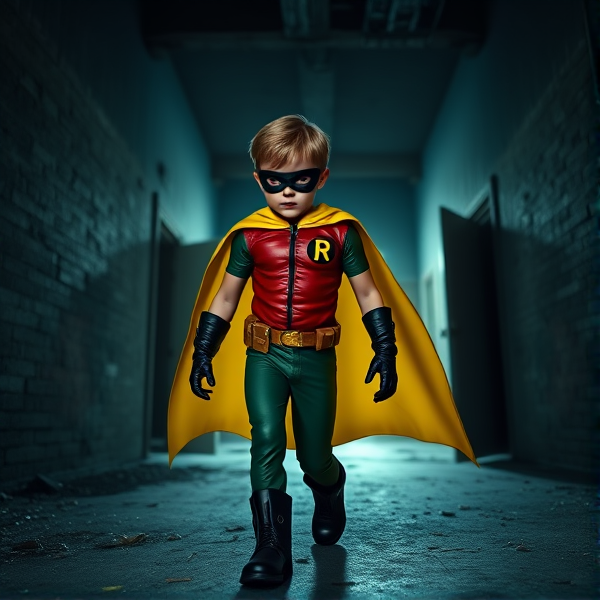 Movie Scene: A little 12-year old boy with light skin and brown hair named Connor Bardley, but dressed as Robin, The Boy Wonder, with an extremely muscular body, a sleek green suit with a red torso with a black circle with a yellow R symbol on his left pectoral, a gold utility belt, black boots, black long-cuffed gloves, a big, ankle-length, ultra-wide yellow cape, and a black eye mask, walking through an abandoned house at night, looking for clues to the mystery he is trying to solve.