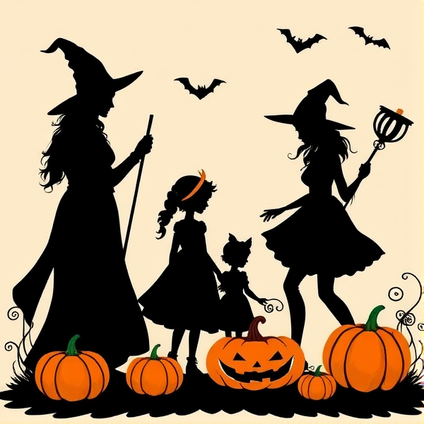 Halloween witch family silhouettes and pumpkins with room to add text to the image that looks like vintage art illustrations with lots of space above