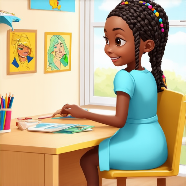 Jeune fille africaine de 8 ans vêtue d'une robe bleu ciel, coiffée de tresses africaines complexes avec des perles colorées, affichant un large sourire éclatant, assise sur une chaise d'écolier face à un bureau en bois clair, dans une salle de classe ensoleillée et bien éclairée, avec des fournitures scolaires et des dessins d'enfants visibles en arrière-plan et une maitresse