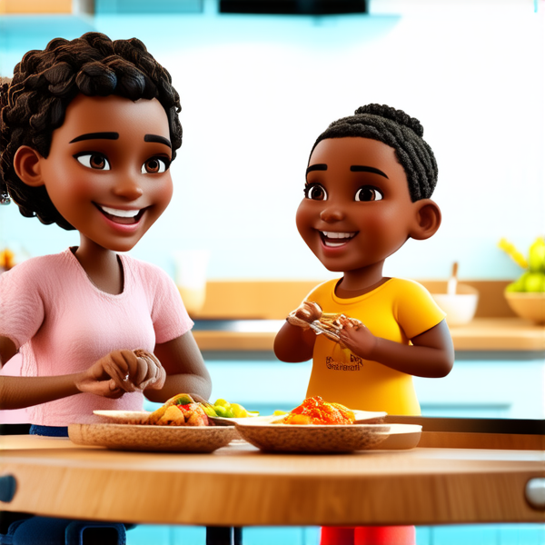 famille afro-américaine heureuse et souriante, assise autour d'une table bien dressée avec un repas copieux, dans une cuisine lumineuse et moderne